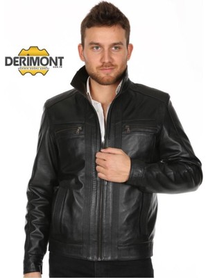 Hakiki Deri Siyah Erkek Deri Mont Dört Cepli Spor Deri Ceket