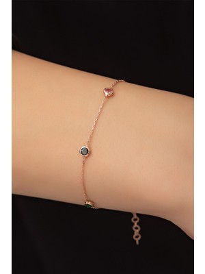 Papatya Silver Tek Sıra Renkli Nano Zirkon Taşlı Bielklik Rose Altın Kaplama 925 Ayar Gümüş