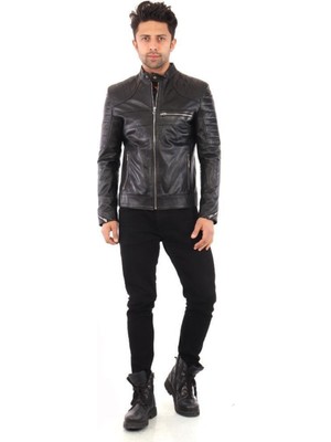Hakiki Deri Siyah Erkek Deri Mont Omuz Çizgi Detaylı Üç Cepli Fermuarlı Deri Ceket