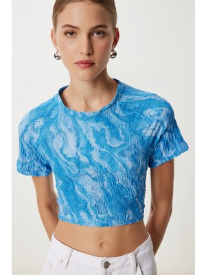 Desenli Crop Krinkıl Bluz LAN0048 Gök Mavi