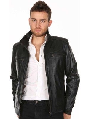 Hakiki Deri Siyah Erkek Deri Mont Yandan Cepli Deri Ceket