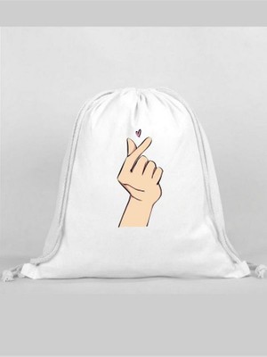 Ufak Kalp Baskılı Sırt Çantası - Ip Büzgülü Spor Çanta