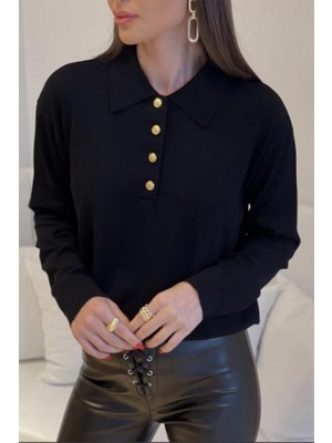Ritnice Kadın Polo Yaka Siyah Gold Düğmeli Premium Doku Triko Kazak Uzun Kol Klasik Stil