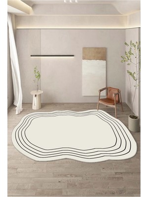 Dijital Baskılı Yıkanabilir Asimetrik Kesim Siyah Çizgili Beyaz Halı 100 x 150 cm Kaymaz Taban Dekoratif-D4055