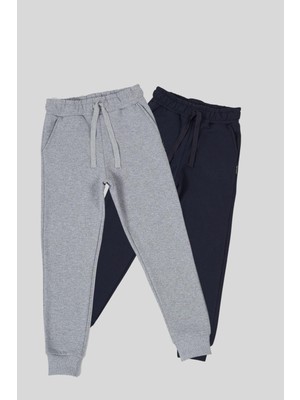 Siyah-Antrasit Kalın Pamuklu Beli ve Paçası Lastikli Cepli 2'li Kız Çocuk Eşofman Altı