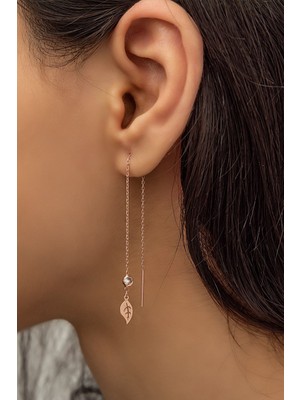 Papatya Silver Sallantılı Tekli Yaprak Küpe Nano Zirkon Taşlı Rose Gold Kaplama 925 Ayar Gümüş Küpe