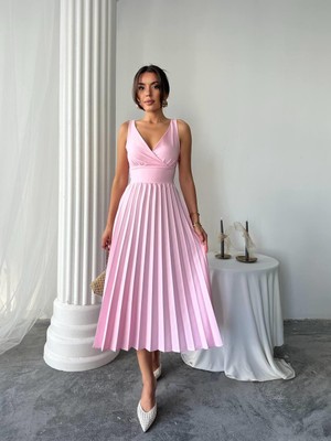 Alyosa Pileli V Yaka Midi Elbise