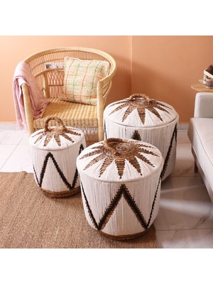 Mylamp Söke Beyaz Makrome ve Doğal Abaka - Kapaklı Sepet 52X50 cm