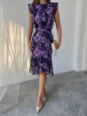 Flora Çiçek Baskılı Şifon Midi Elbise