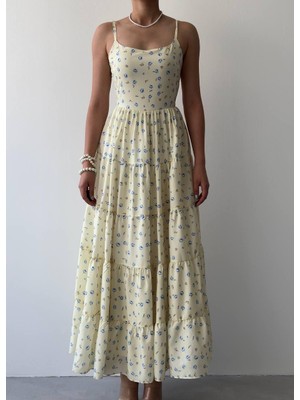 Mersi Ip Askılı Çiçek Detay Uzun Elbise