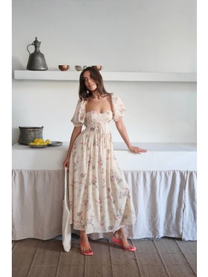 Çiçek Desenli Gloplu Tasarım Zoe Elbise