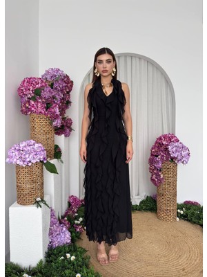 Lotus Şifon Fırfır Detay Uzun Elbise