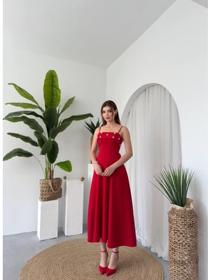 Askılı Inci Detay Kiloş Atlas Uzun Elbise