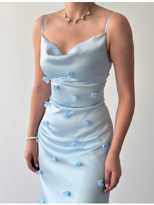 Kadın Tasarım Saten Askılı Çiçek Detay Elbise Sara