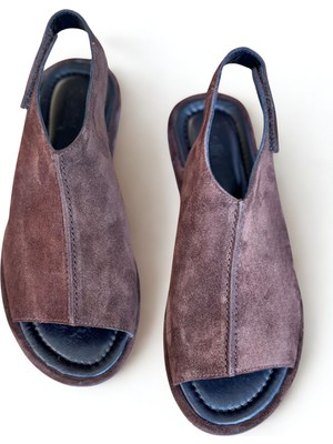 Kahve Süet Hakiki Deri Cırtlı Kadın Günlük Sandalet