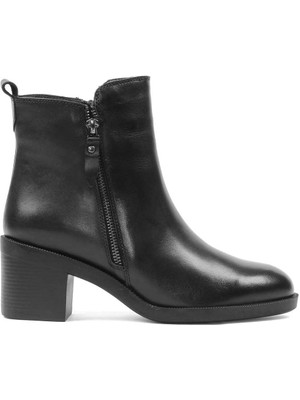 Kadın Siyah Çift Fermuarlı Kalın Topuklu Deri Bot