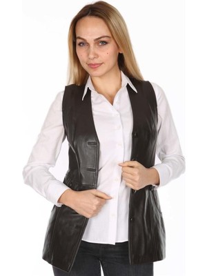 Hakiki Deri Siyah Felix Düğmeli Kadın Deri Yelek