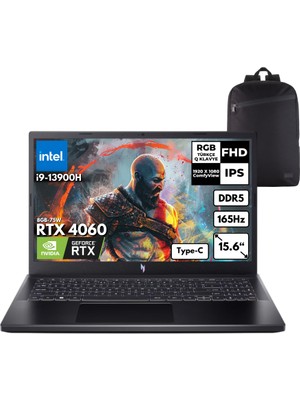 Acer Nitro ANV15-51 I9-13900H 32-Gbddr5 2 Tbssd Rtx 4060 (8GB-75W) 15.6" Fhd 165Hz Windows 11 Pro Taşınabilir bilgisayar + Hmf Sırt Çantası NH.QQEEY.007HMF22