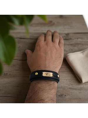 14 Ayar Altın Plakalı Horus Gözü Temalı Doğal Siyah Derili Oval Figürlü Hediye BILEKLIK-564SEMBOL