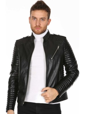 Hakiki Deri Siyah Florida Fermuarlı Işlemeli Erkek Deri Ceket