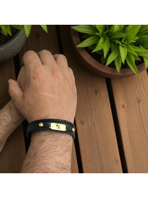 14 Ayar Altın Plakalı Atatürk Temalı Hakiki Siyah Derili Oval Motifli Hediye BILEKLIK-563SEMBOL