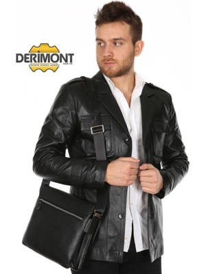 Hakiki Deri Siyah Gömlek Cep Düğmeli Erkek Deri Ceket