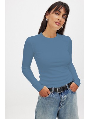 Kadın Açık Indigo Uzun Kollu Bisiklet Yaka T-Shirt Bluz Kaşkorse Fitilli