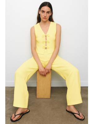 Wide Leg Geniş Paça Beli Lastikli Basic Düz Bürümcük Pantolon Takım