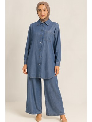 56047 Önden Düğmeli Gömlek Yaka Tek Cepli Pantolonun Beli Lastikli Spor Tansel Takım #03-25#