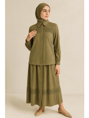 56173 Önden Düğmeli Göğsü Dantel Detaylı Eteğin Beli Lastikli Keten Etekli Takım #04-25#
