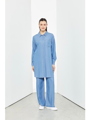 56047 Önden Düğmeli Gömlek Yaka Tek Cepli Pantolonun Beli Lastikli Spor Tansel Takım #03-25#