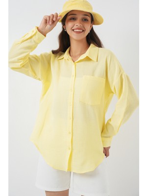20153 Tek Cepli Oversize Keten Gömlek - Açık Sarı