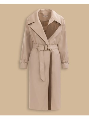 11005 Kruvaze Yaka Beli Kemerli Önden Düğmeli Çift Renk Kolu Manşetli Trenç Kot #03-25#