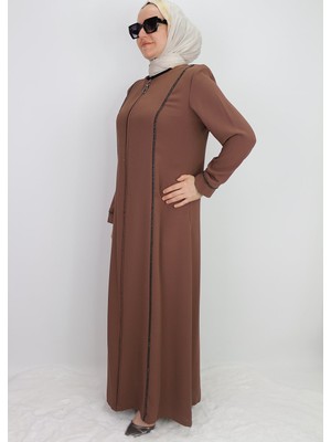 5040 Ferace Önden Fermuarlı Önü ve Yanları Taş Işlemeli Özen Gün Ferace Qys Ferace #24-053