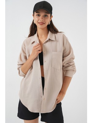 Kadın Tek Cepli Oversize Müslin Gömlek 20353 - Taş