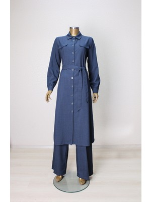 56001ÖNDEN Düğmeli Bel Bağlamalı Cep Kapaklı Pantolon Bol Paça Ikili Takım Qys Takım #24-04#