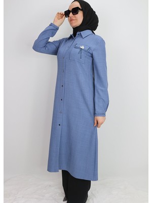1635 Tunik Önden Düğmeli Cep Kapak ve Kol Ucu Boncuk Detaylı Uzun Tunik Qys Tunik #24-03#