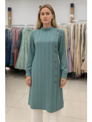 25234 Önü Düğmeli Sıfır Yaka Ön Kısmı Desenli Şık Gömlek Tunik #05-25#