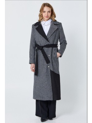 16039KAŞE Kaban Kazayağı Desenli Beli Kemerli Önü Çıt Çıtlı Qks 16039 Kaban #22-11#