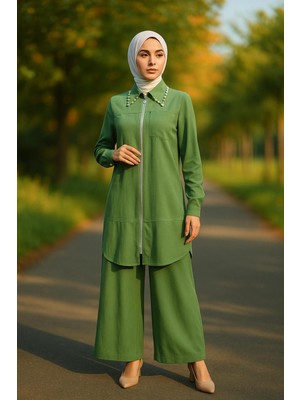 56112 Yakası Inci Detaylı Önden Fermuarlı Pantolonun Beli Lastikli Spor Ikili Takım #06-25#