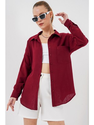 20153 Tek Cepli Oversize Keten Gömlek - Bordo