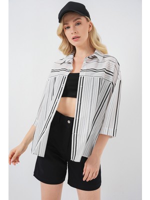 Kadın Çizgili Kısa Kol Gömlek 20344 - Siyah - Taş