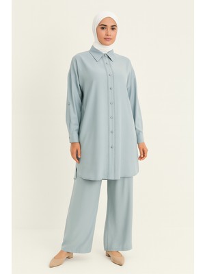56066 Önü Düğmeli Güpür Detaylı Kol Ucu Manşetli Gömlek Yaka Beli Yarım Lastikli Çift Düğmeli Ikili Takım #06-25#