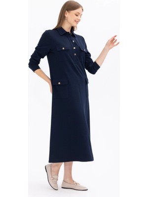 1023 Büyük Beden Cepli Düğmeli Gömlek Yakalı Elbisegünlük Elbise 14231204001023 Günlük Elbise Qks #23-10#