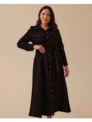 4004 Önü Boydan Düğmeli Göğsü Cepli Beli Kuşaklı Kolu Manşetli Günlük Elbise #03-25#