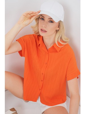 Kadın Çizgili Kısa Kol Gömlek 20324 - Turuncu