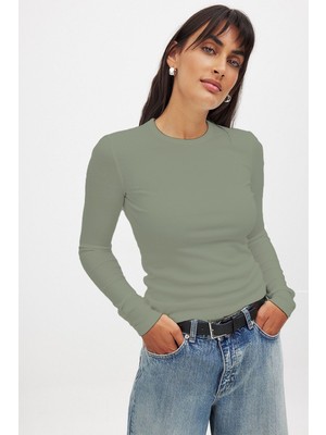 Kadın Su Yeşili Uzun Kollu Bisiklet Yaka T-Shirt Bluz Kaşkorse Fitilli