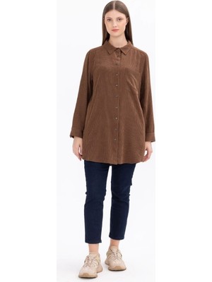 1030 Büyük Beden Cep Detaylı Kadife Gömlek Günlük Gömlek 14221202201030 Qks Günlük Gömklek #23-103