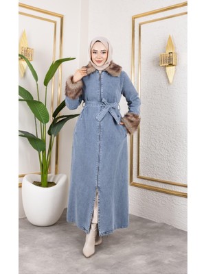 Kadın Kürk Detaylı Kuşaklı Astarlı Mavi Kap