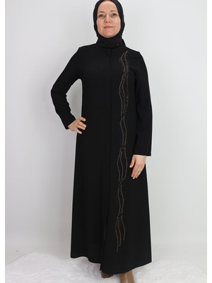 3016TEK Tarafı Taş Işlemeli Gizli Fermuarlı Yuvarlak Yaka Ferace Qys 3016  Ferace #22-02#